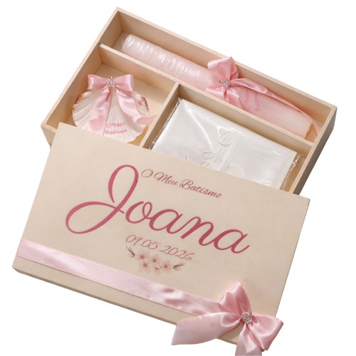 Kit / Conjunto Batismo (Vela Redonda Decorada, Toalha e Concha) - Rosa