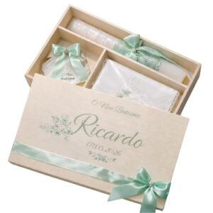 Kit / Conjunto Batismo (Vela Redonda Decorada, Toalha e Concha) - Verde