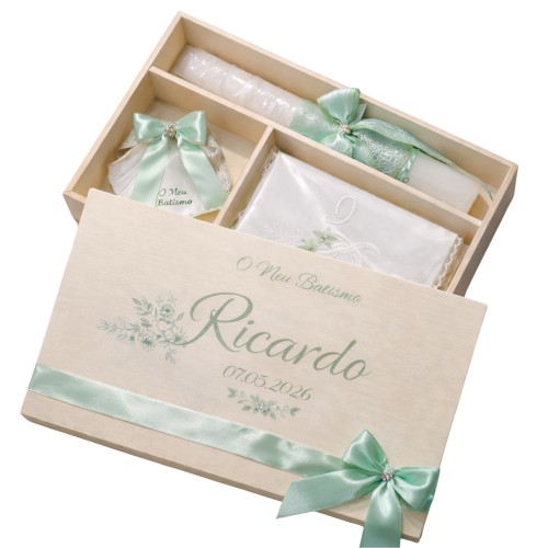 Kit / Conjunto Batismo (Vela Redonda Decorada, Toalha e Concha) - Verde