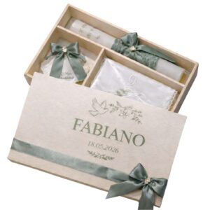 Kit / Conjunto Batismo (Vela Redonda Decorada, Toalha e Concha) - Verde Sálvia