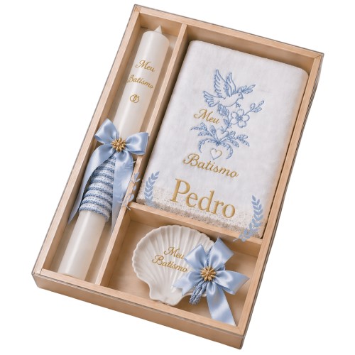 Kit / Conjunto Batismo (Vela Redonda Decorada, Toalha e Concha) - Azul Claro