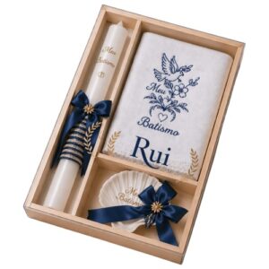 Kit / Conjunto Batismo (Vela Redonda Decorada, Toalha e Concha) - Azul Marinho