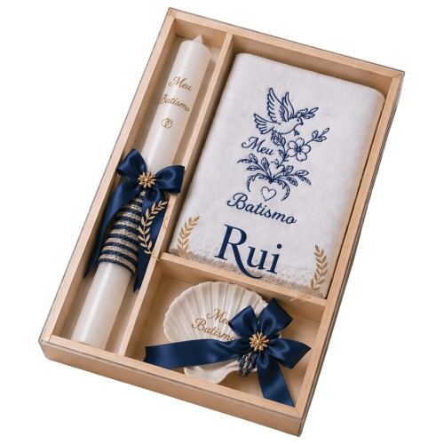 Kit / Conjunto Batismo (Vela Redonda Decorada, Toalha e Concha) - Azul Marinho