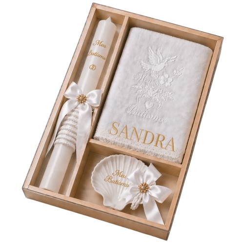 Kit / Conjunto Batismo (Vela Redonda Decorada, Toalha e Concha) - Branco