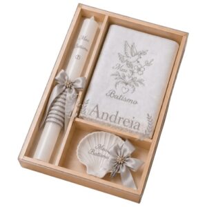Kit / Conjunto Batismo (Vela Redonda Decorada, Toalha e Concha) - Cinza Claro