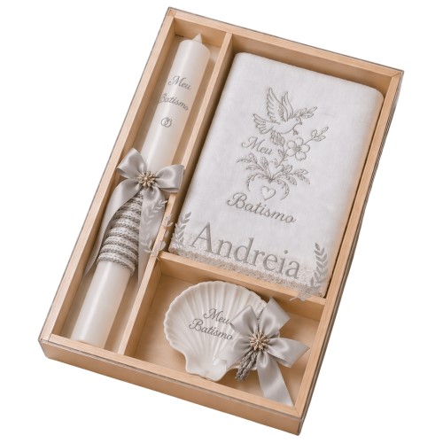 Kit / Conjunto Batismo (Vela Redonda Decorada, Toalha e Concha) - Cinza Claro