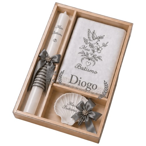 Kit / Conjunto Batismo (Vela Redonda Decorada, Toalha e Concha) - Cinza Escuro