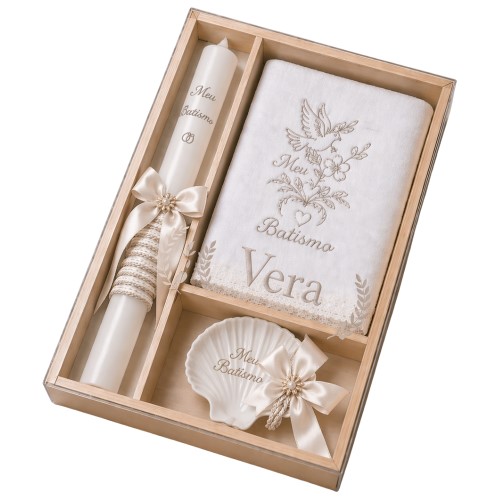 Kit / Conjunto Batismo (Vela Redonda Decorada, Toalha e Concha) - Pérola