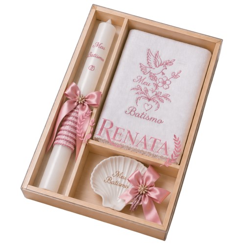 Kit / Conjunto Batismo (Vela Redonda Decorada, Toalha e Concha) - Rosa