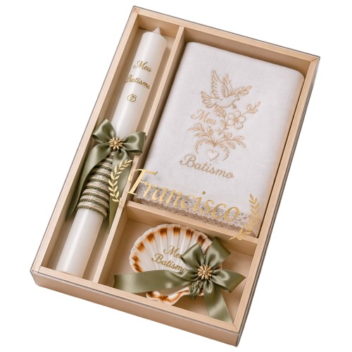 Kit / Conjunto Batismo (Vela Redonda Decorada, Toalha e Concha) - Verde Pastel