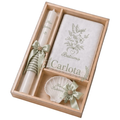 Kit / Conjunto Batismo (Vela Redonda Decorada, Toalha e Concha) - Verde Sálvia