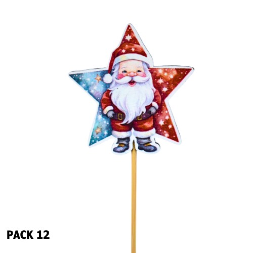 Pick Decorativo Estrela com Pai Natal para Arranjos 35cm - Pack 12