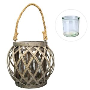Lanterna Porta Vela em Vime com Copo de Vidro - Natural