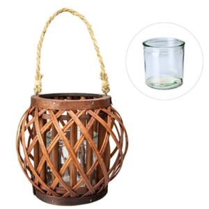 Lanterna Porta Vela em Vime com Copo de Vidro - Castanho