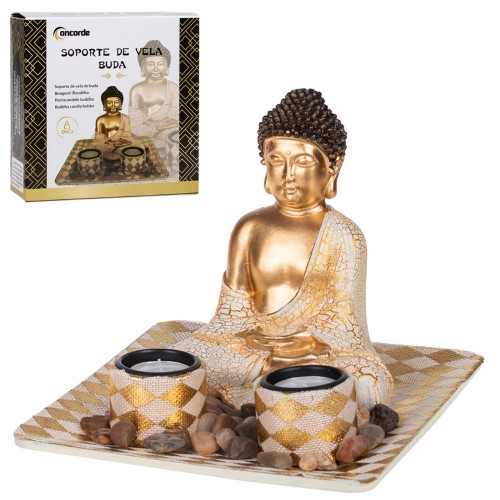 Adorno Buda com Suporte de Velas e Pedras Decorativas