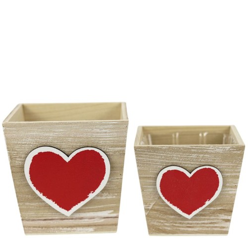 Vaso em Madeira com Coração 13x13cm - Pack 2