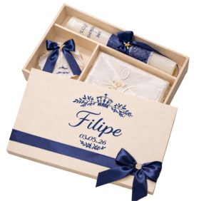Kit Batismo Azul Marinho com vela, toalha e concha