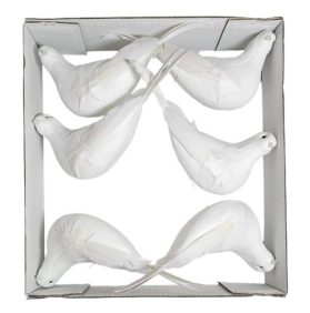 Pack de 6 picks decorativos em forma de pomba branca para arranjos florais, cada um com 20 cm de altura.