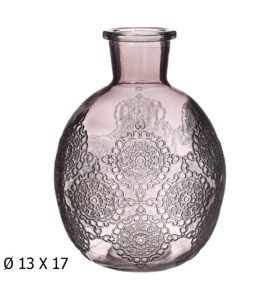 Jarra em vidro transparente com design em relevo, formato arredondado e base sólida, para flores ou decoração